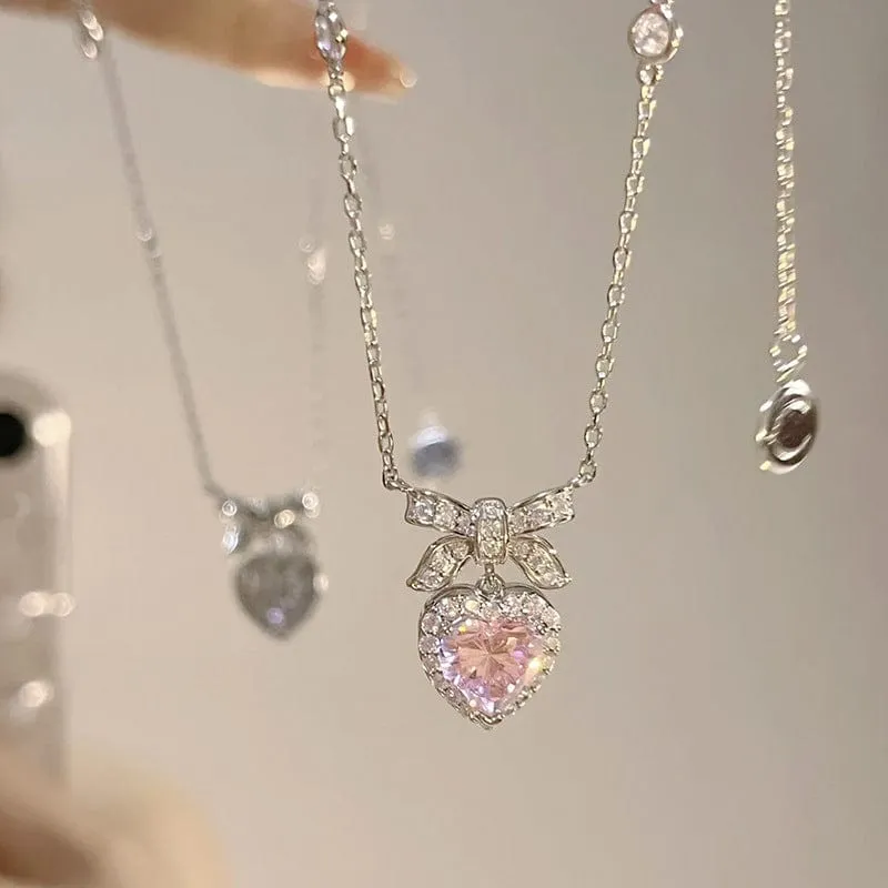 Dainty CZ Inlaid Pink Crystal Bowknot Heart Necklace