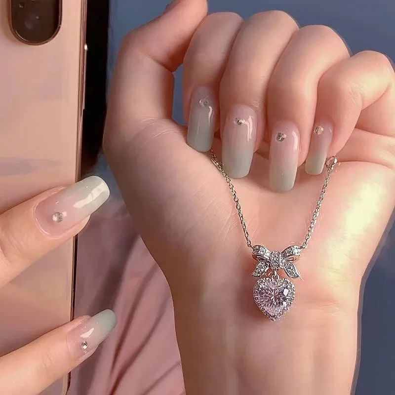 Dainty CZ Inlaid Pink Crystal Bowknot Heart Necklace