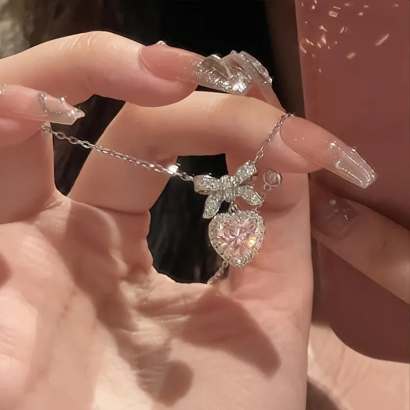 Dainty CZ Inlaid Pink Crystal Bowknot Heart Necklace