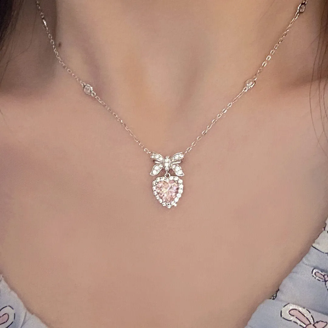 Dainty CZ Inlaid Pink Crystal Bowknot Heart Necklace