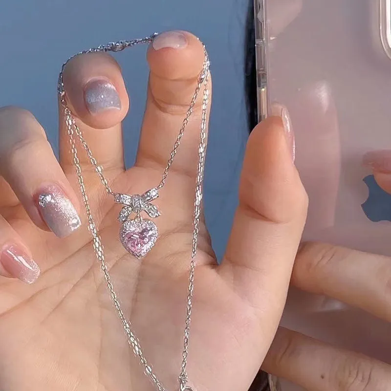 Dainty CZ Inlaid Pink Crystal Bowknot Heart Necklace