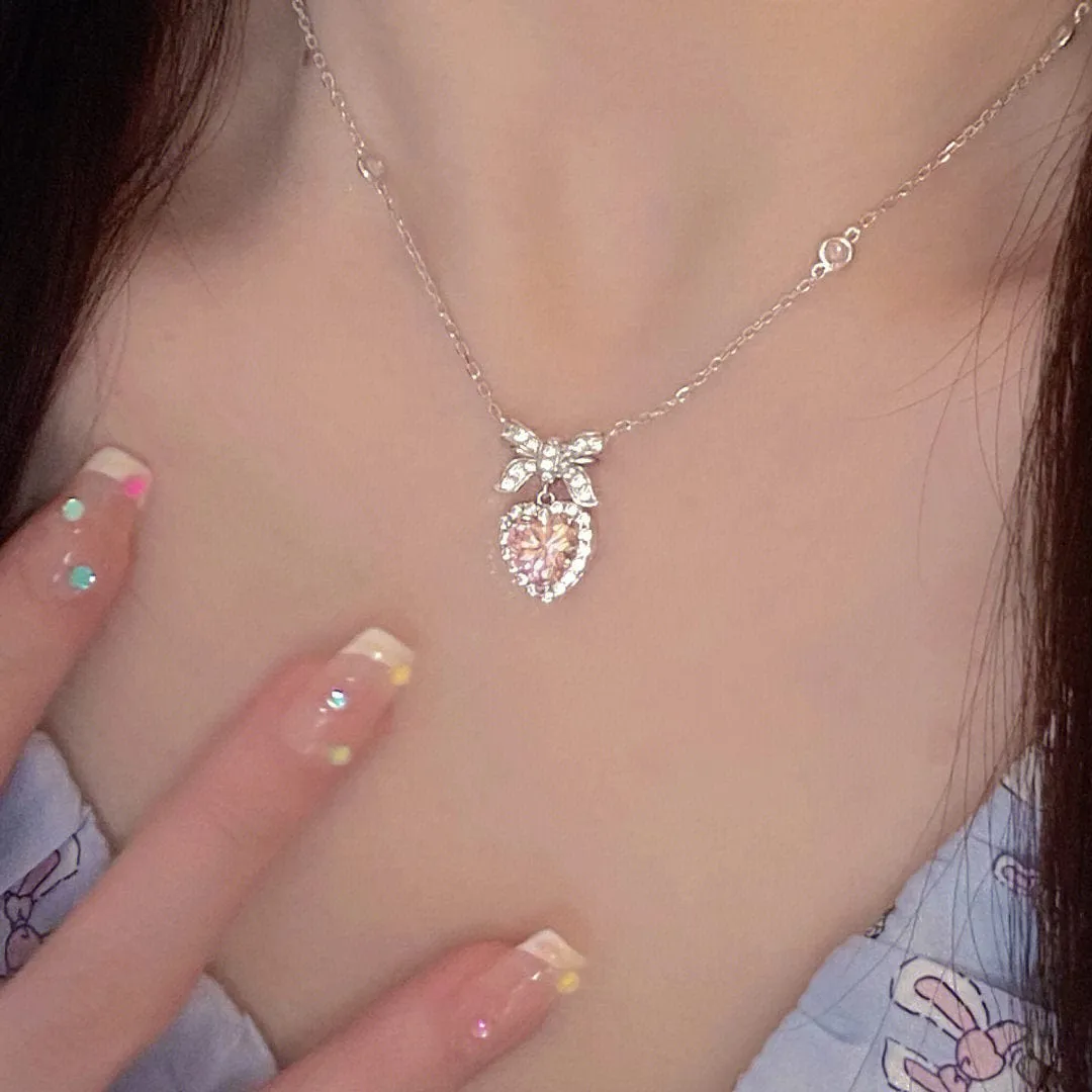 Dainty CZ Inlaid Pink Crystal Bowknot Heart Necklace