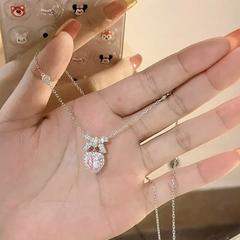 Dainty CZ Inlaid Pink Crystal Bowknot Heart Necklace