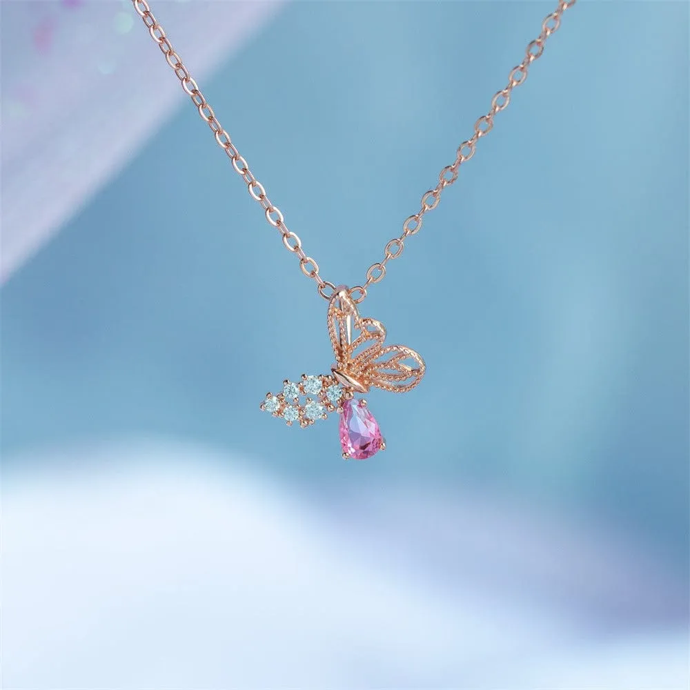 Dainty CZ Inlaid Pink Crystal Hollowed-out Butterfly Necklace