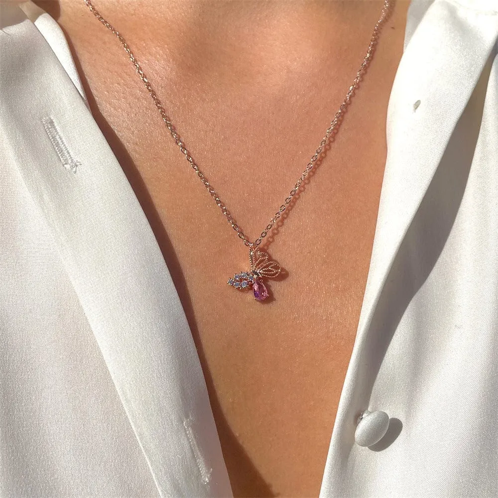 Dainty CZ Inlaid Pink Crystal Hollowed-out Butterfly Necklace