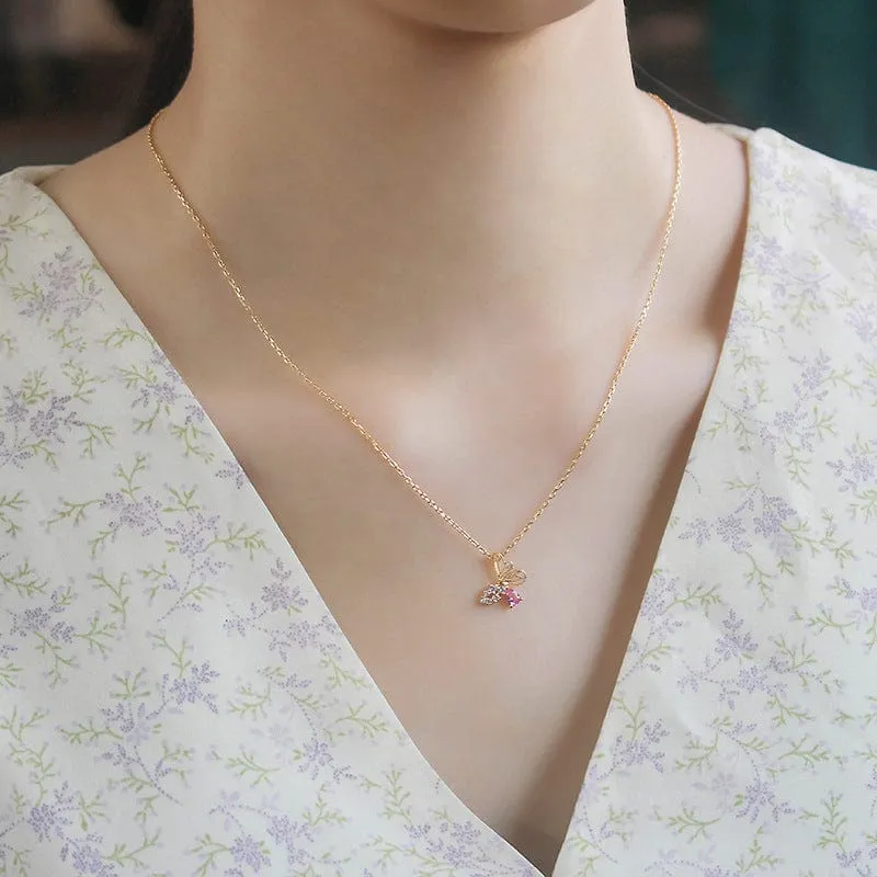 Dainty CZ Inlaid Pink Crystal Hollowed-out Butterfly Necklace