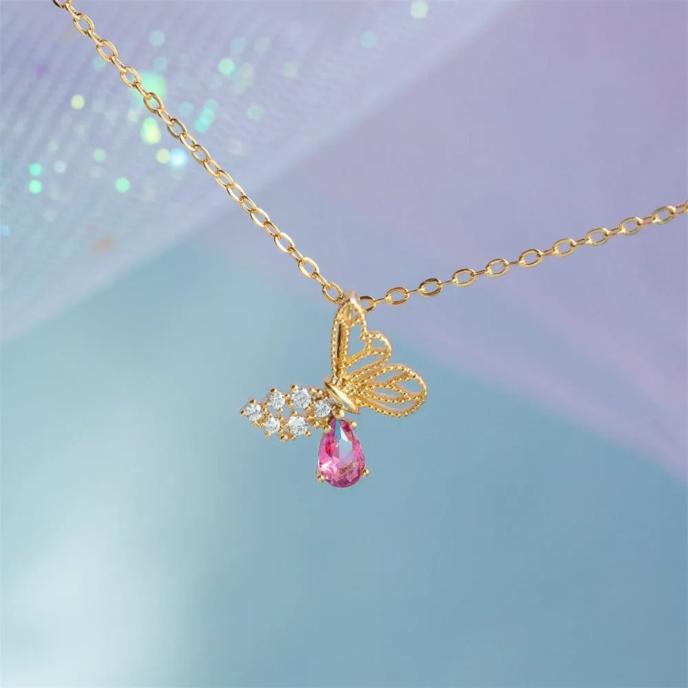 Dainty CZ Inlaid Pink Crystal Hollowed-out Butterfly Necklace
