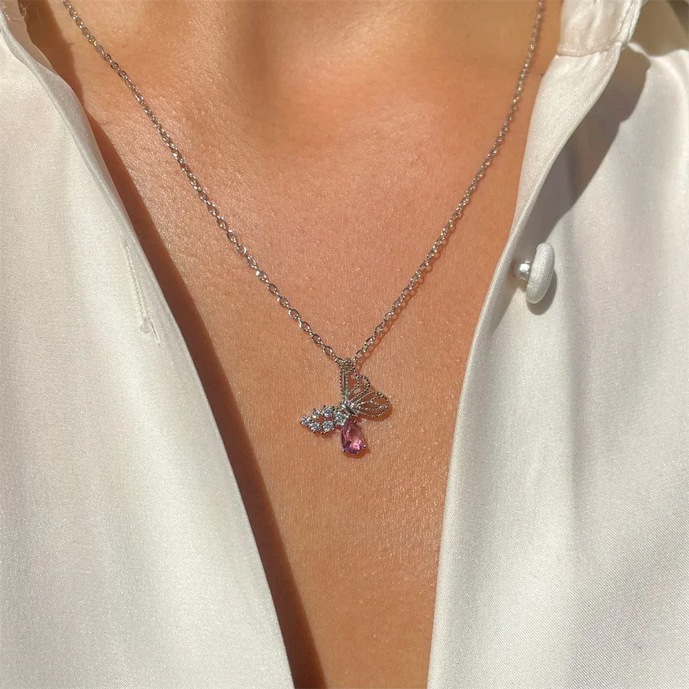 Dainty CZ Inlaid Pink Crystal Hollowed-out Butterfly Necklace