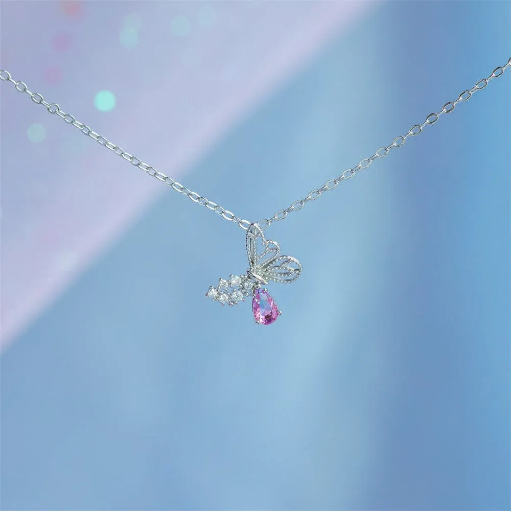 Dainty CZ Inlaid Pink Crystal Hollowed-out Butterfly Necklace