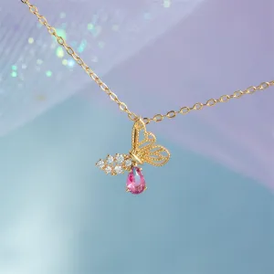 Dainty CZ Inlaid Pink Crystal Hollowed-out Butterfly Necklace
