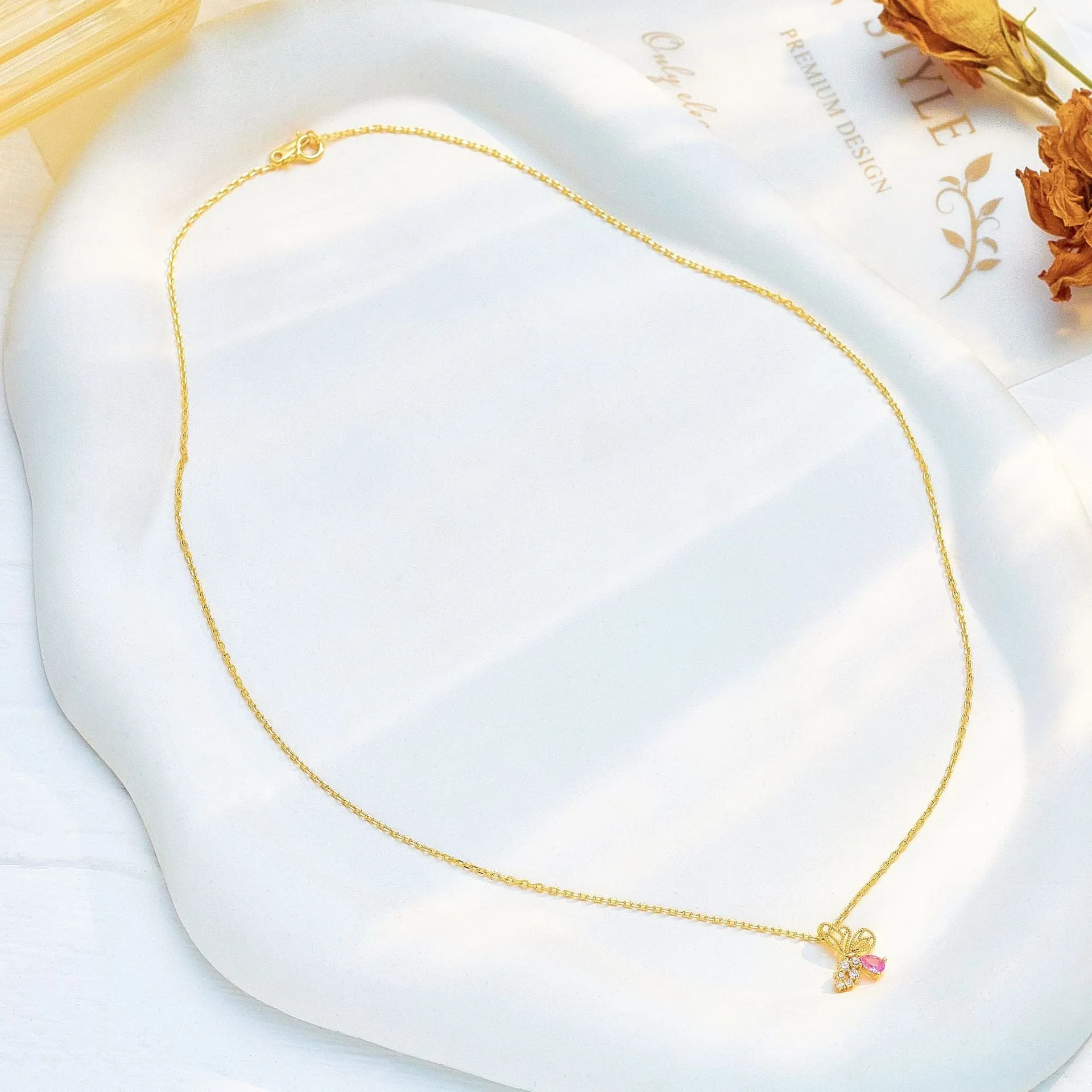 Dainty CZ Inlaid Pink Crystal Hollowed-out Butterfly Necklace