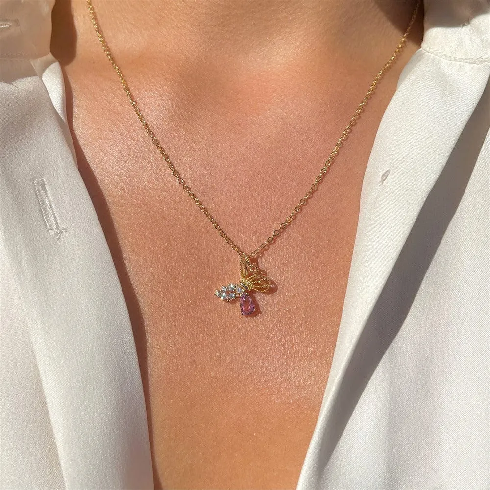 Dainty CZ Inlaid Pink Crystal Hollowed-out Butterfly Necklace