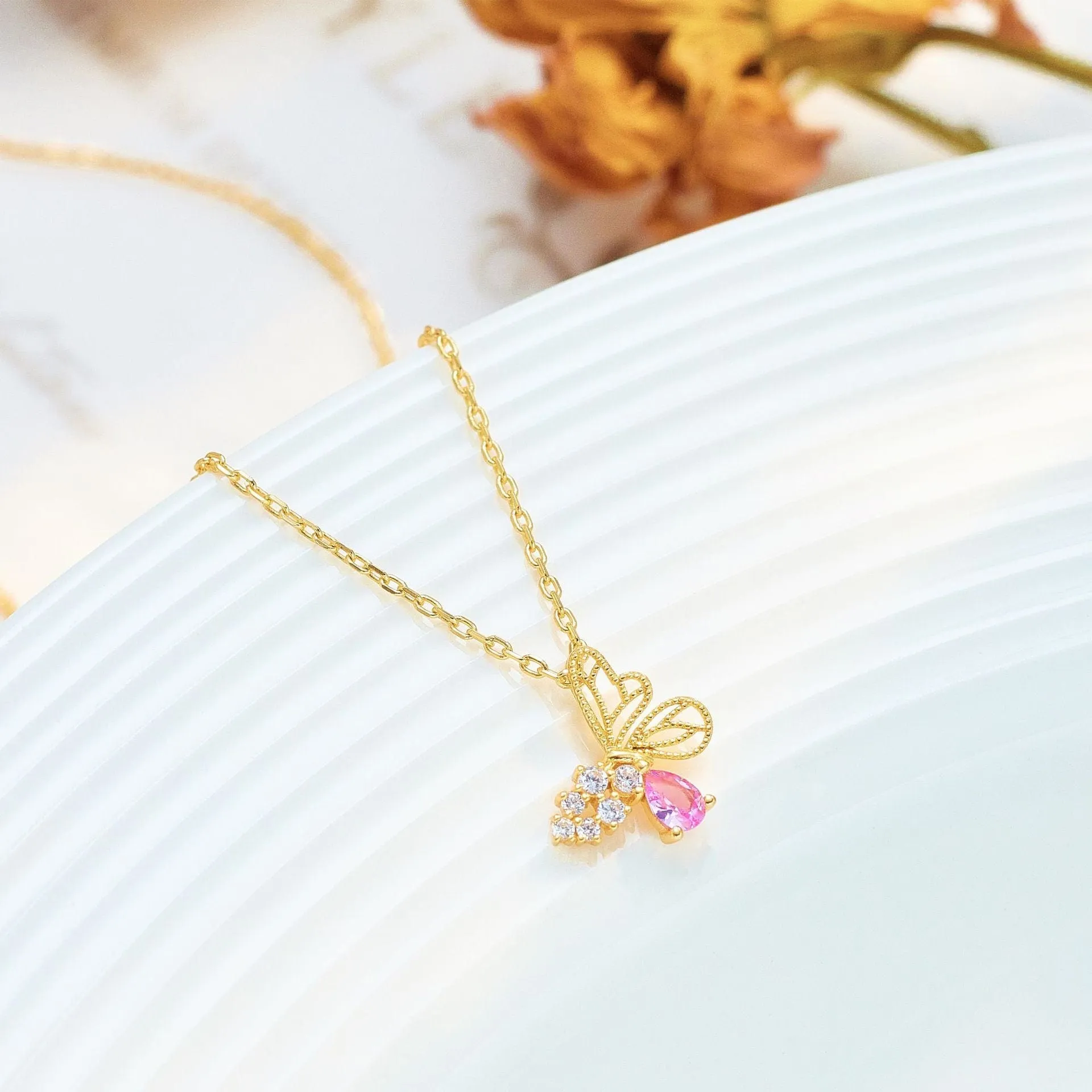 Dainty CZ Inlaid Pink Crystal Hollowed-out Butterfly Necklace