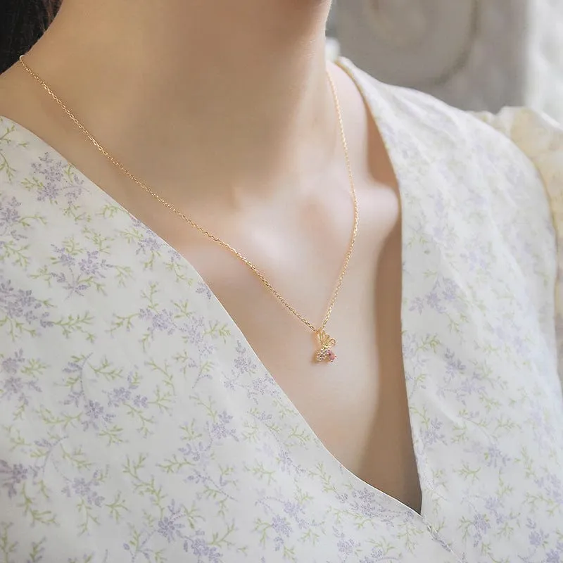 Dainty CZ Inlaid Pink Crystal Hollowed-out Butterfly Necklace
