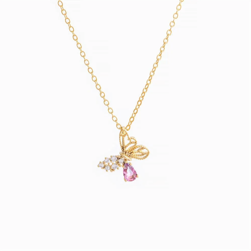 Dainty CZ Inlaid Pink Crystal Hollowed-out Butterfly Necklace