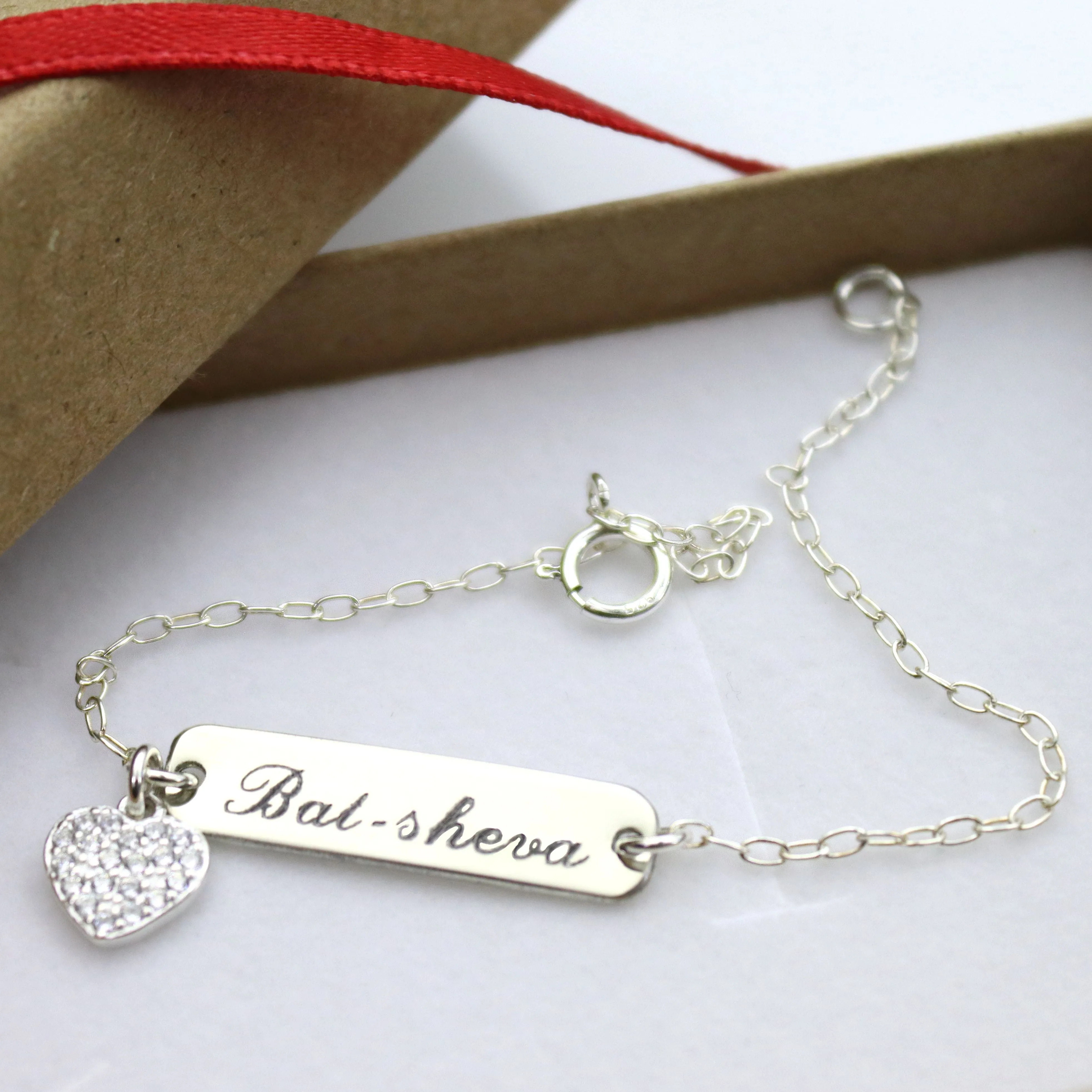 Dainty Name Bar Bracelet with Heart Charm - Custom nameplate bracelet