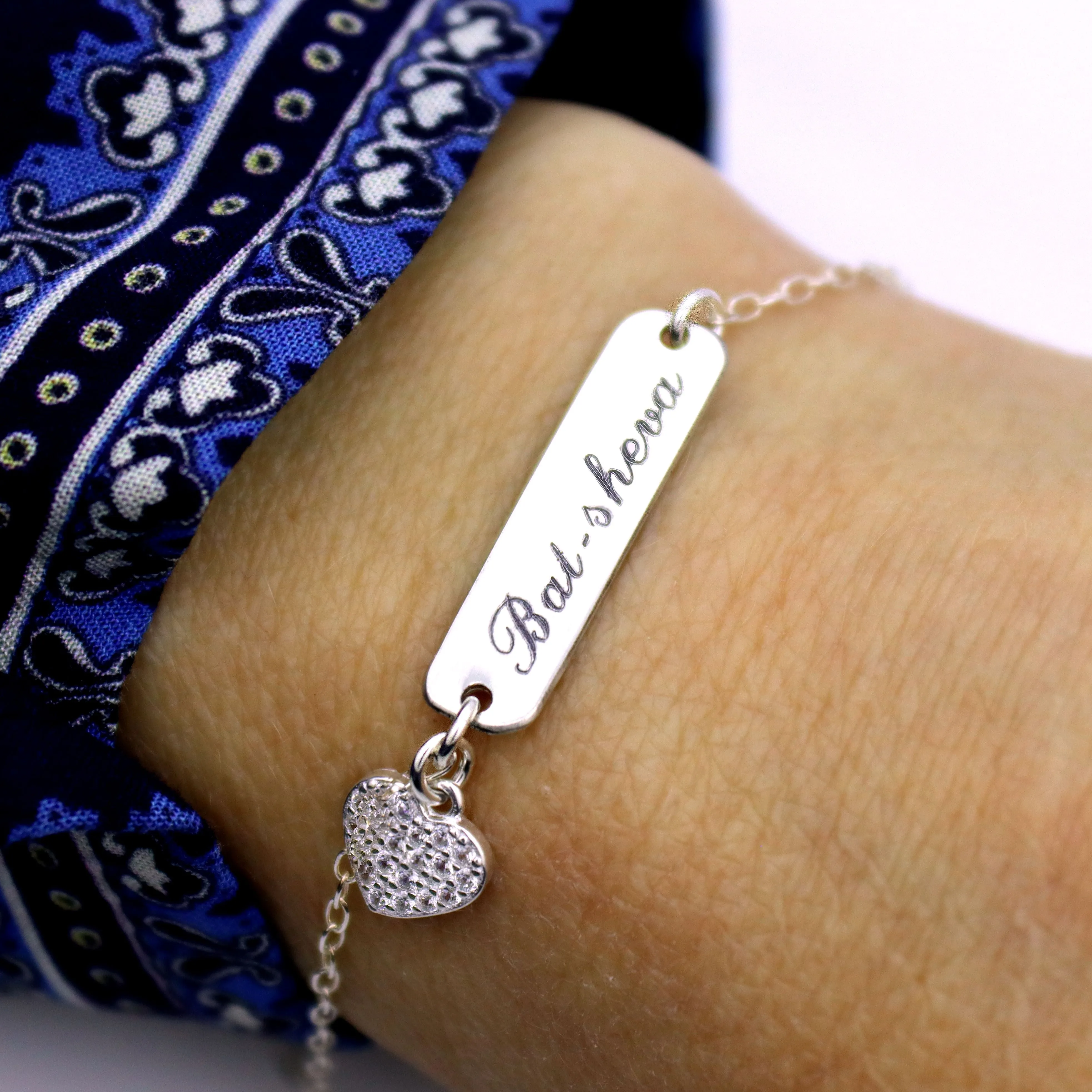 Dainty Name Bar Bracelet with Heart Charm - Custom nameplate bracelet