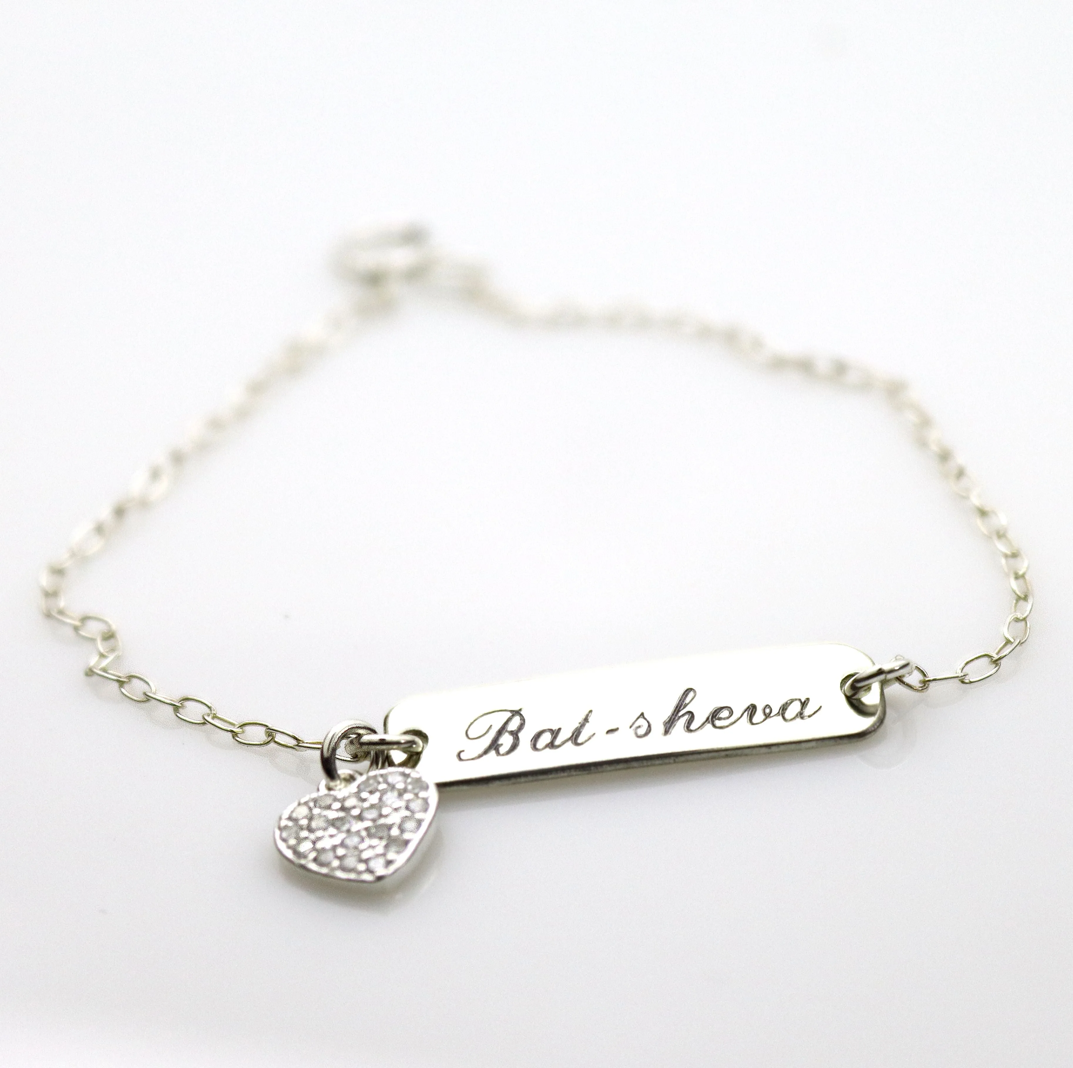 Dainty Name Bar Bracelet with Heart Charm - Custom nameplate bracelet