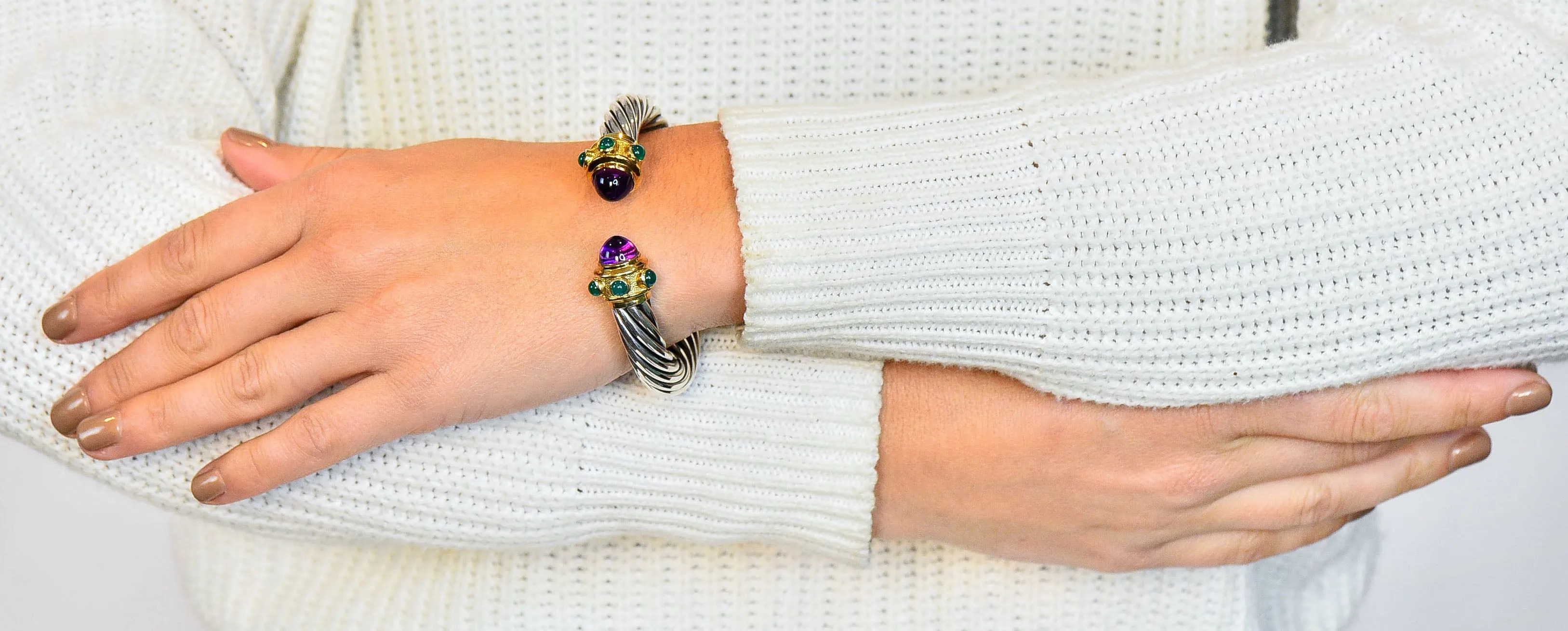 David Yurman Amethyst Chrysoprase Sterling Silver 14 Karat Gold Renaissance Cuff Bracelet