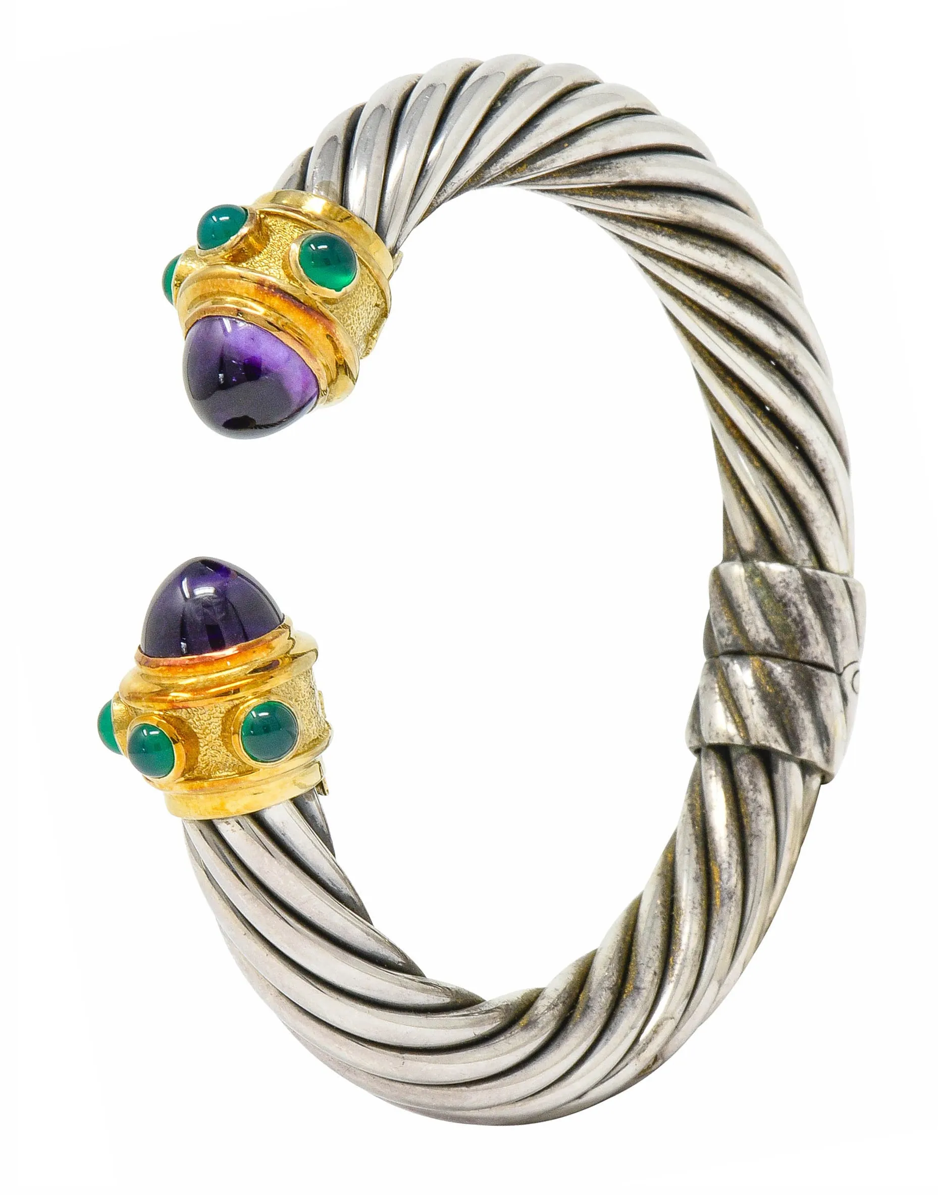 David Yurman Amethyst Chrysoprase Sterling Silver 14 Karat Gold Renaissance Cuff Bracelet