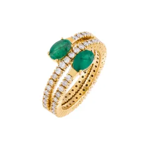 Diamond X Emerald Stretch Wrap Ring 14K