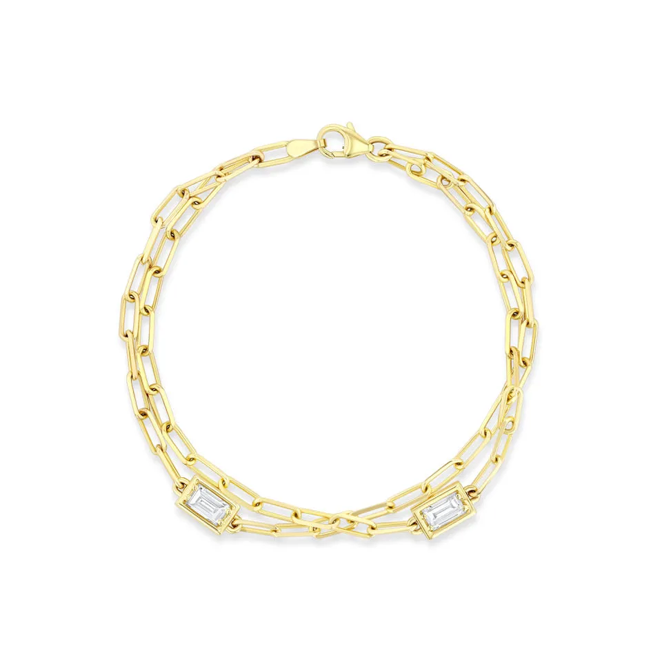 Double Baguette Diamond Chain Bracelet - 2 Station | Yellow Gold