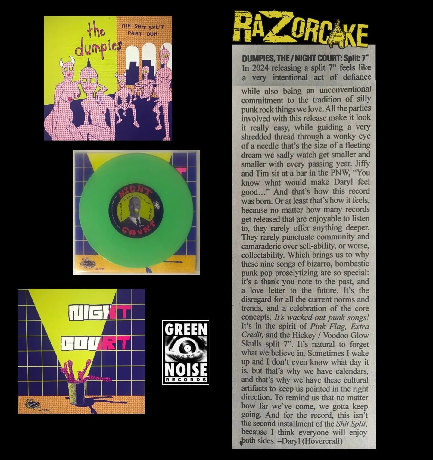 Dumpies / Night Court  - Shit Split Part Duh [GREEN NOISE EXCLUSIVE EDITION: Green Vinyl w/ risograph sleeves] – New 7"
