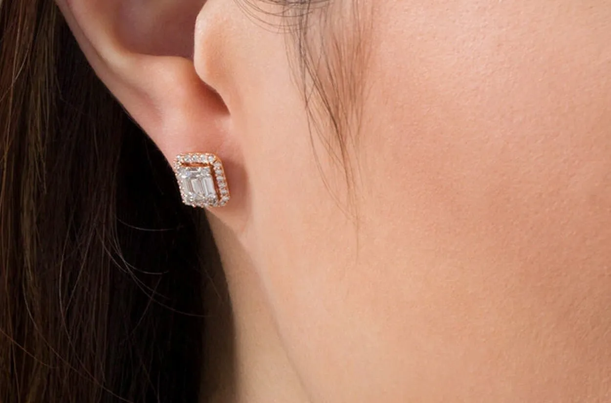 Earrings 18kt Rose Gold Emerald Illusion Diamonds Halo Studs