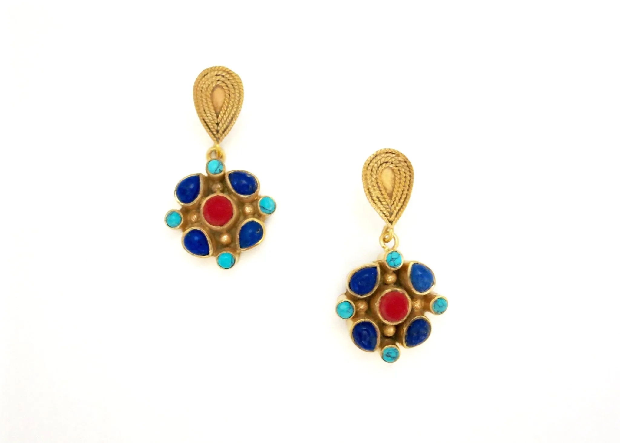Elegant, dainty, and artistic turquoise, lapis and coral dangle earrings