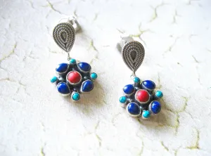 Elegant, dainty, and artistic turquoise, lapis and coral dangle earrings