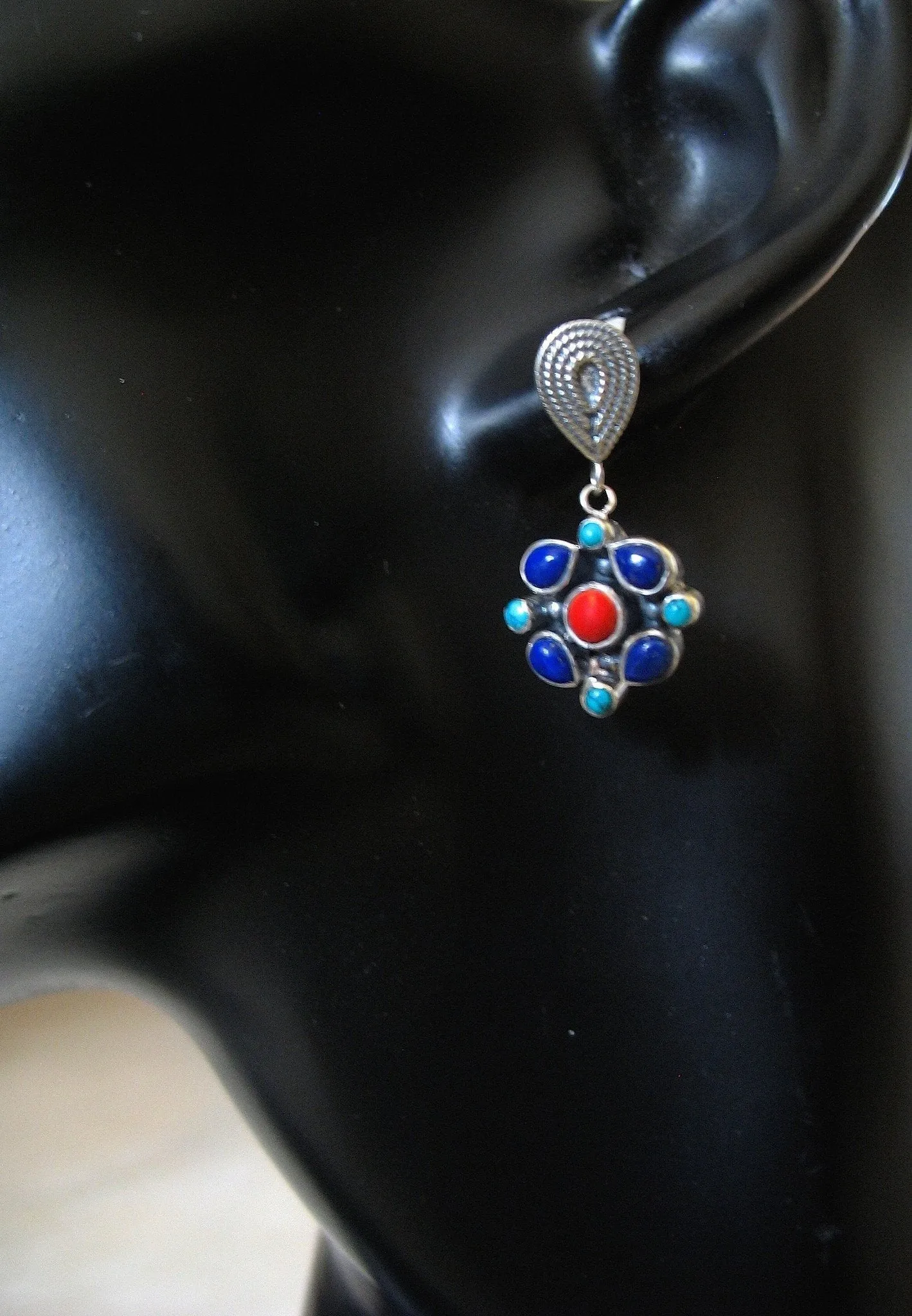 Elegant, dainty, and artistic turquoise, lapis and coral dangle earrings