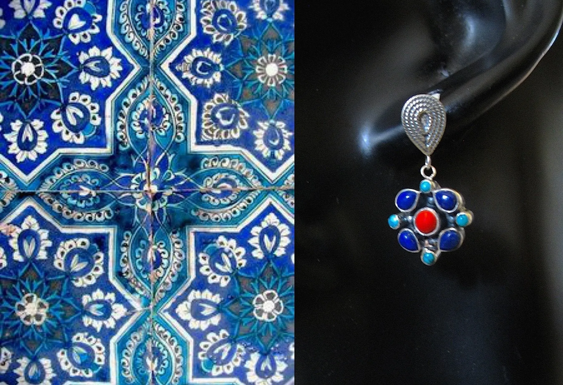 Elegant, dainty, and artistic turquoise, lapis and coral dangle earrings