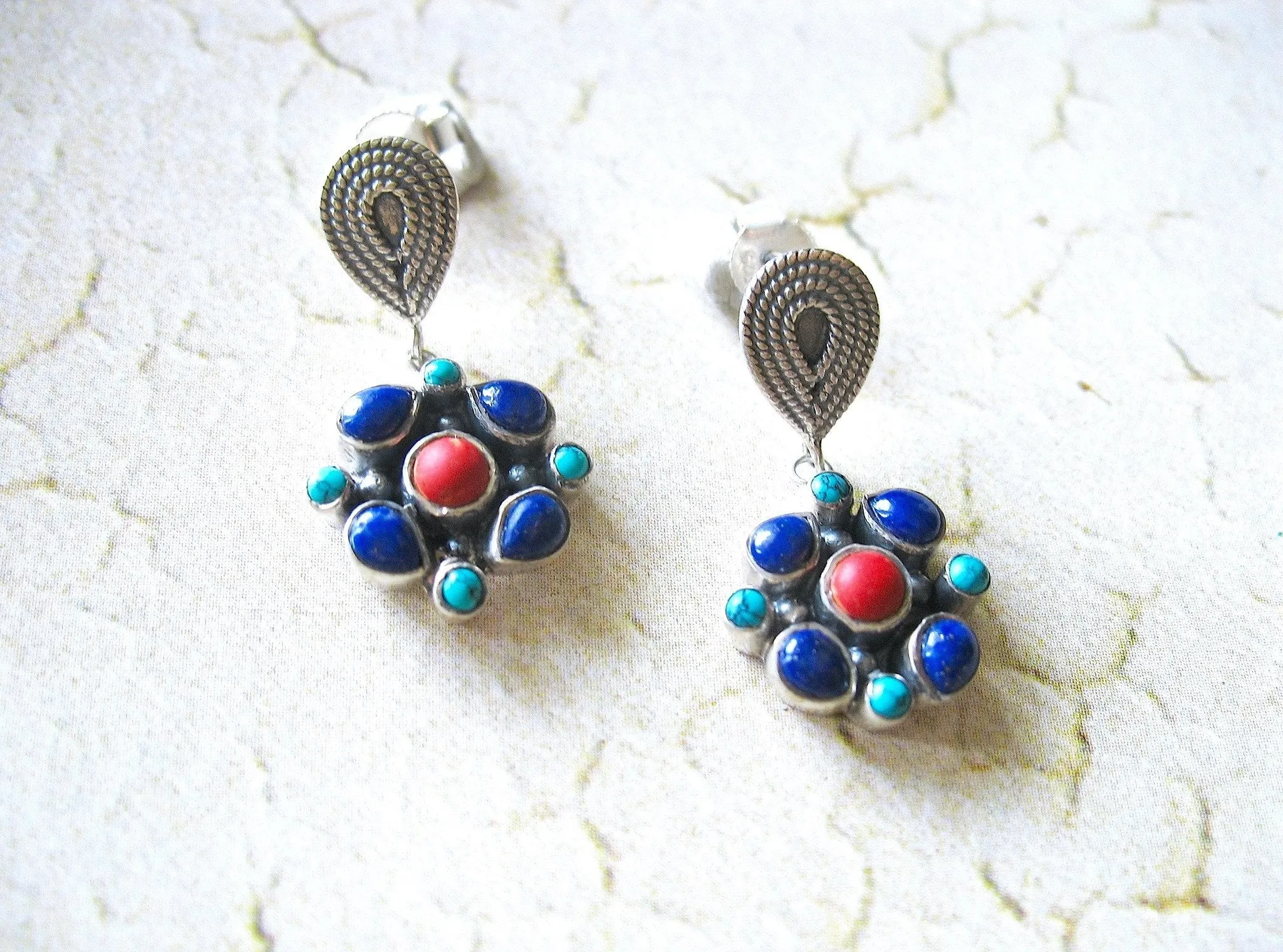 Elegant, dainty, and artistic turquoise, lapis and coral dangle earrings