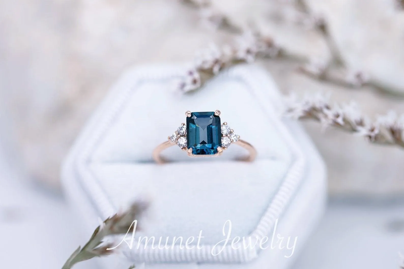 Elegant emerald cut london blue topaz diamond ring, engagement ring, cluster ring.