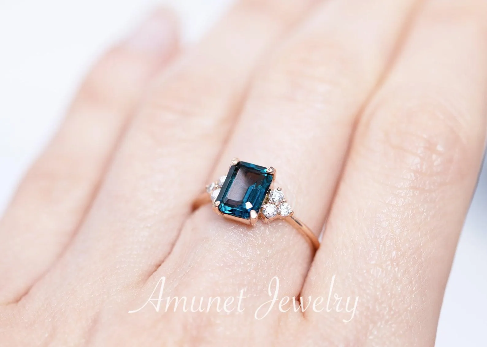 Elegant emerald cut london blue topaz diamond ring, engagement ring, cluster ring.