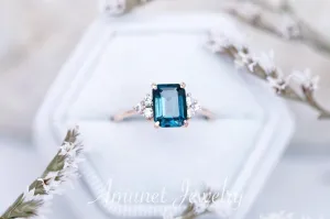 Elegant emerald cut london blue topaz diamond ring, engagement ring, cluster ring.