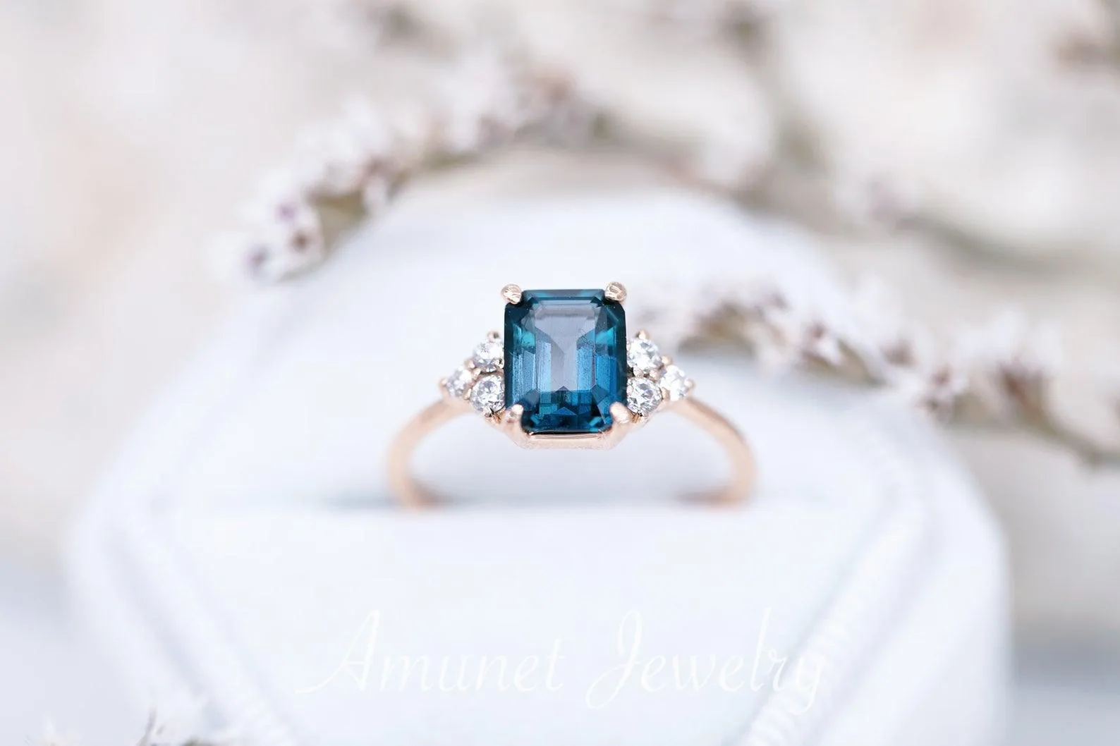 Elegant emerald cut london blue topaz diamond ring, engagement ring, cluster ring.