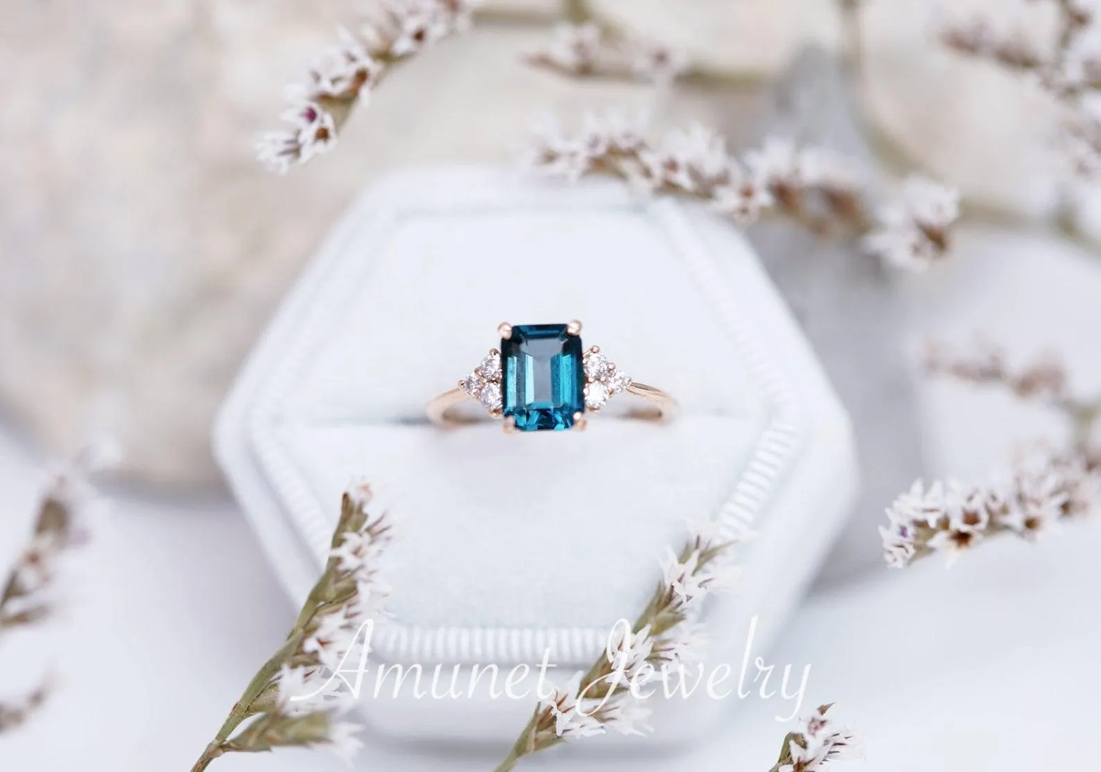 Elegant emerald cut london blue topaz diamond ring, engagement ring, cluster ring.