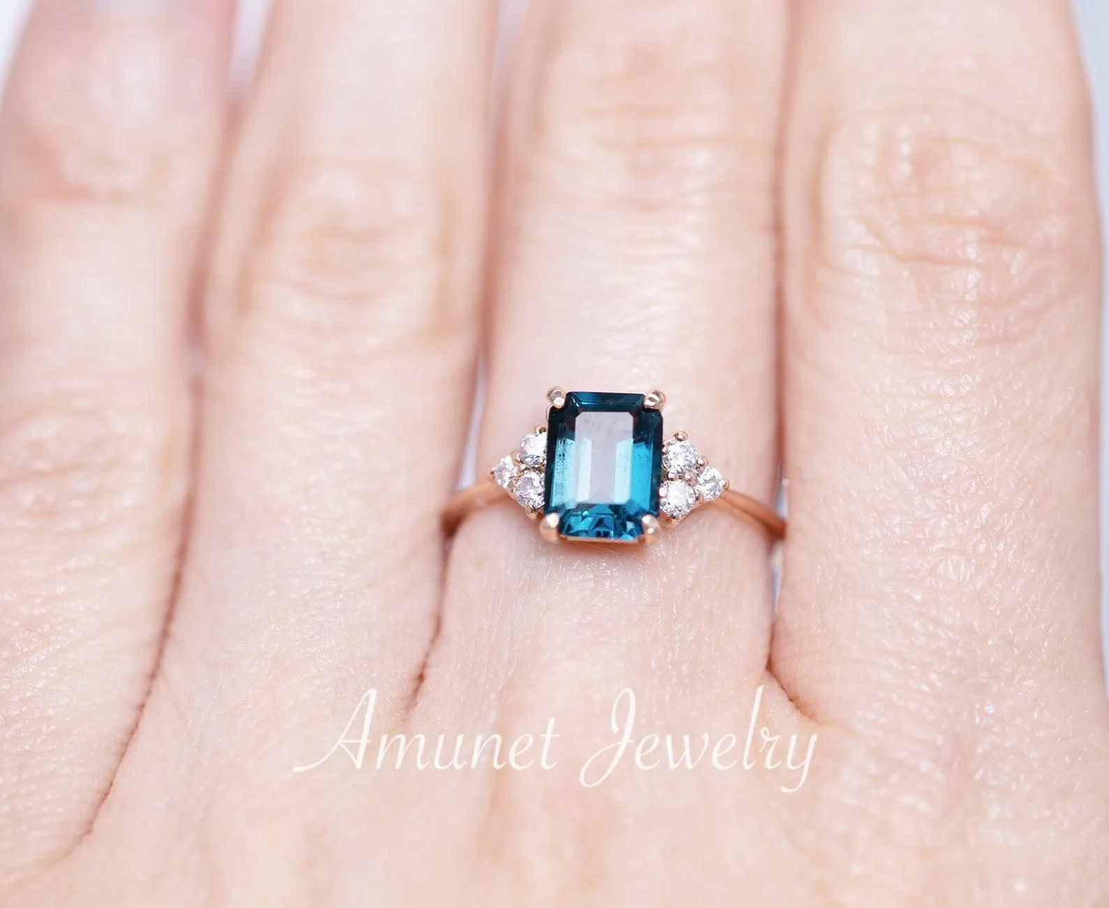 Elegant emerald cut london blue topaz diamond ring, engagement ring, cluster ring.