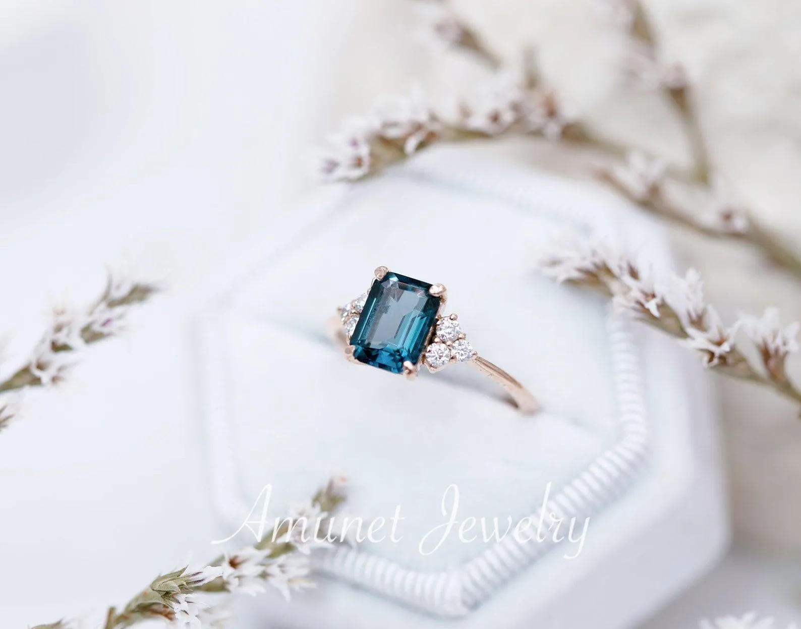 Elegant emerald cut london blue topaz diamond ring, engagement ring, cluster ring.