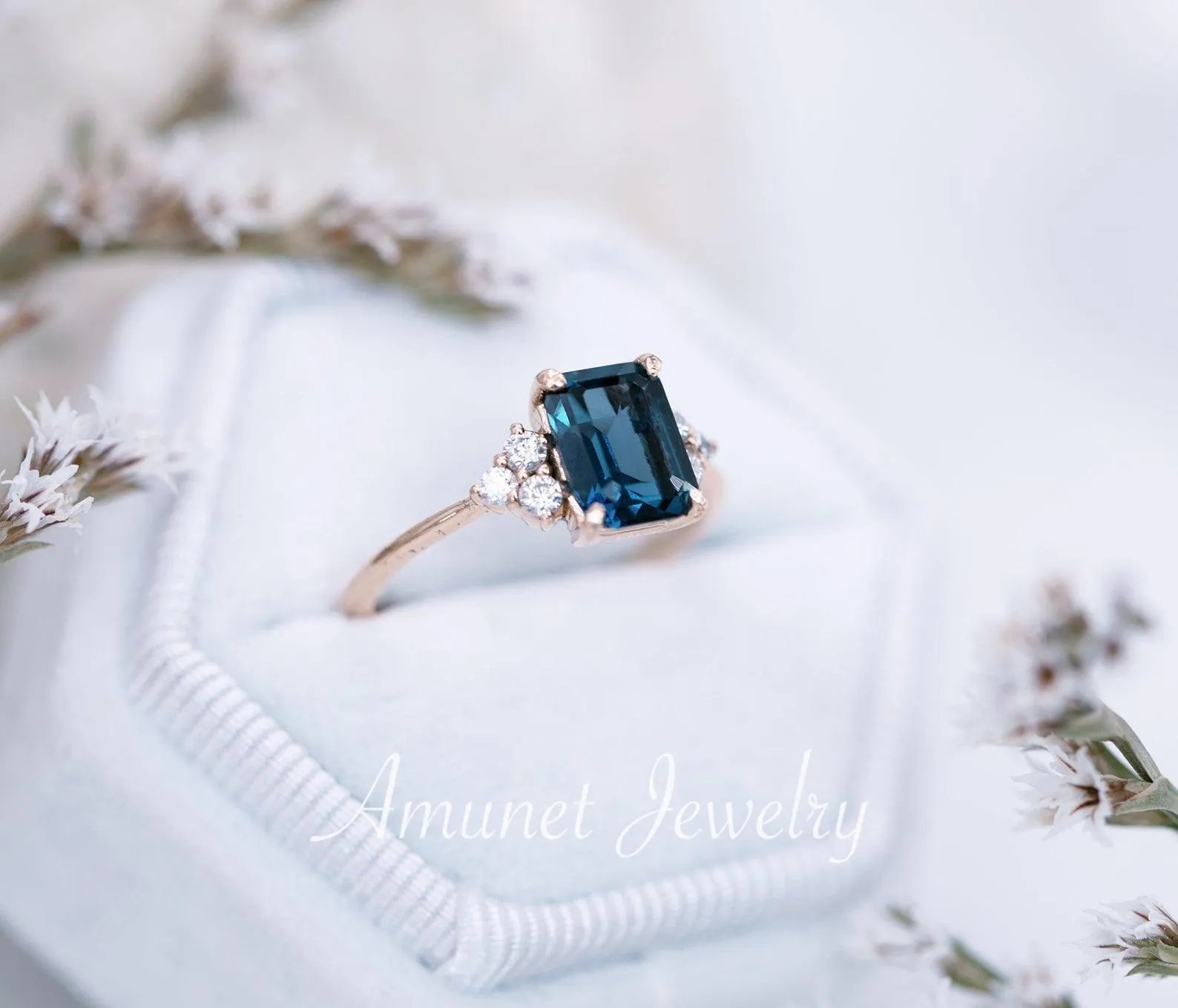 Elegant emerald cut london blue topaz diamond ring, engagement ring, cluster ring.