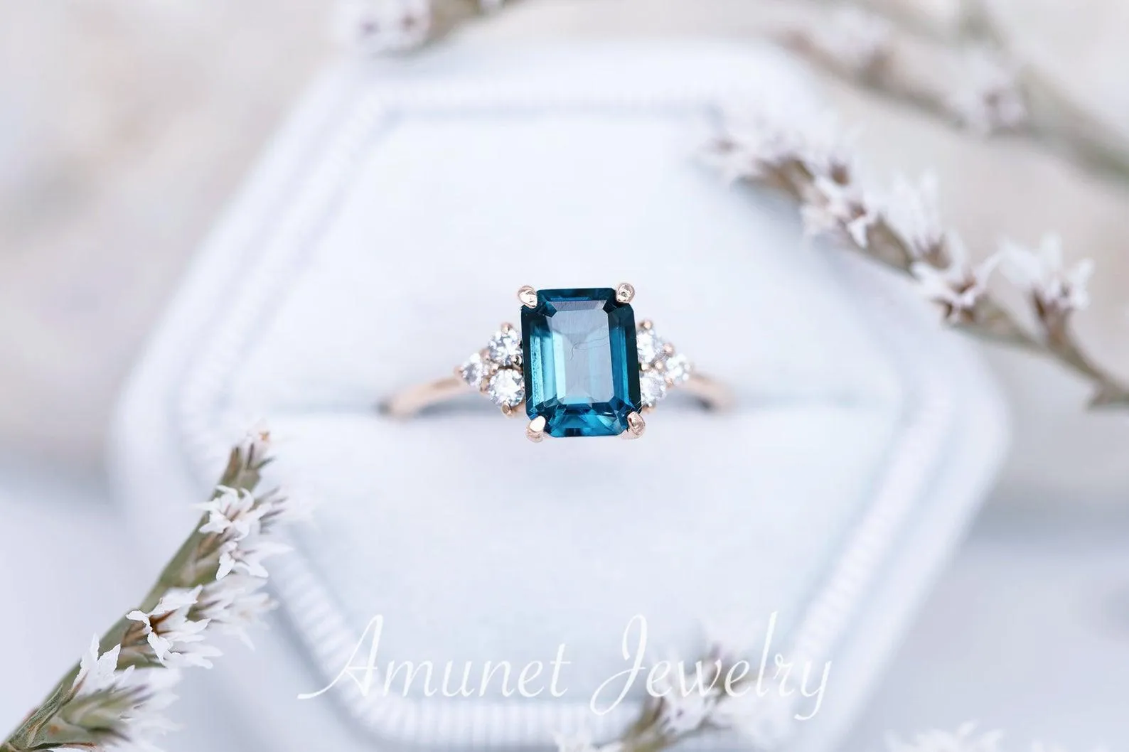 Elegant emerald cut london blue topaz diamond ring, engagement ring, cluster ring.