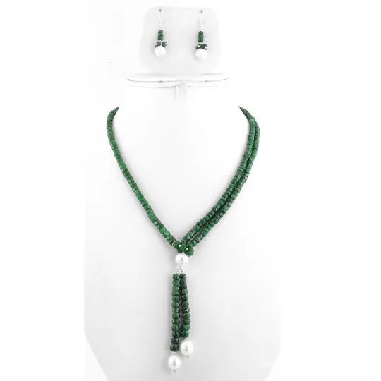 Elegant Lariat Faceted Emerald And Pearl Beads Necklace