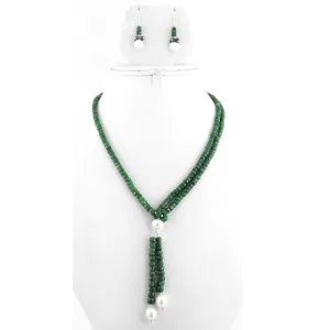 Elegant Lariat Faceted Emerald And Pearl Beads Necklace