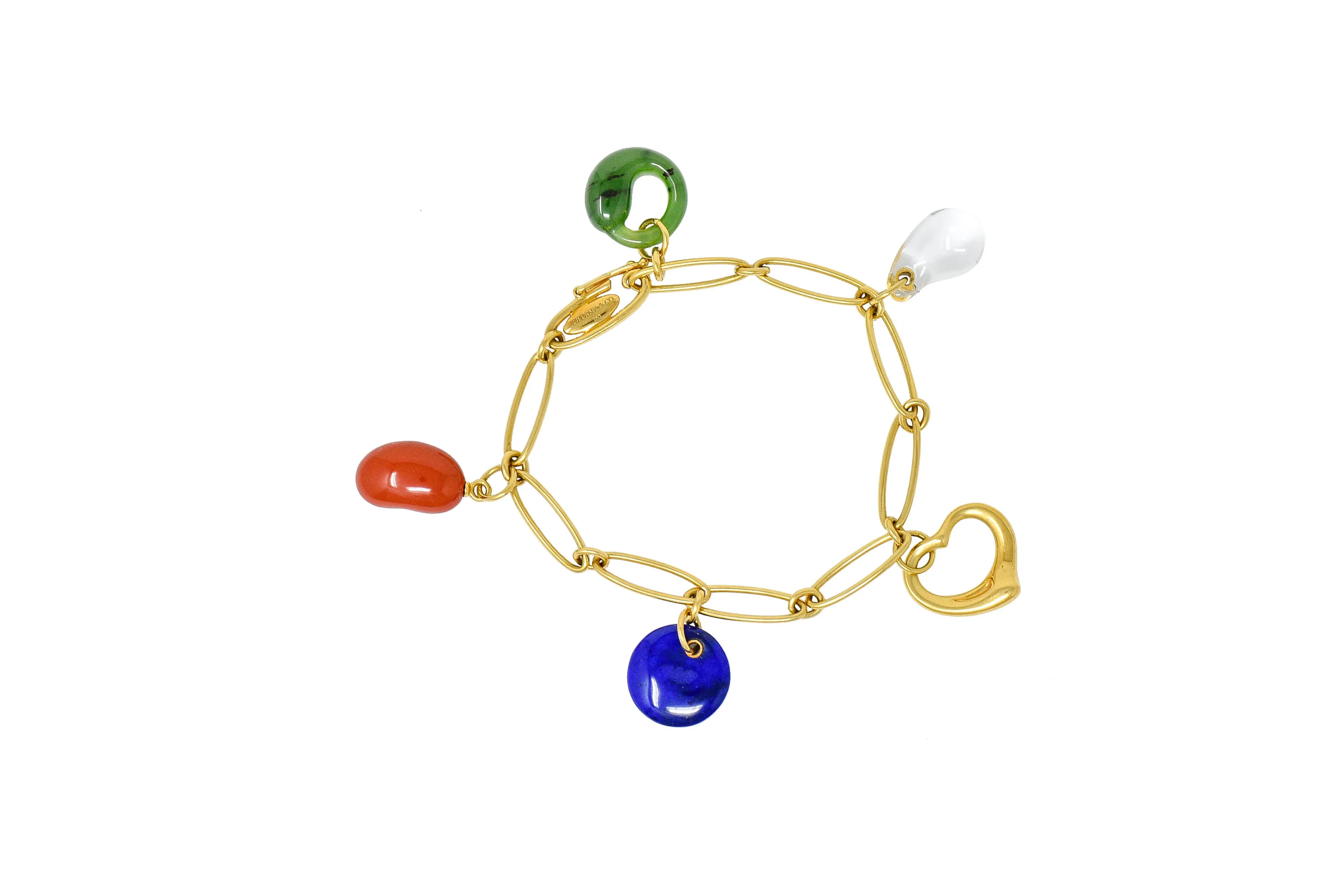 Elsa Peretti Tiffany & Co. 18 Karat Gold Five Charm Jade Lapis Crystal Icon Bracelet