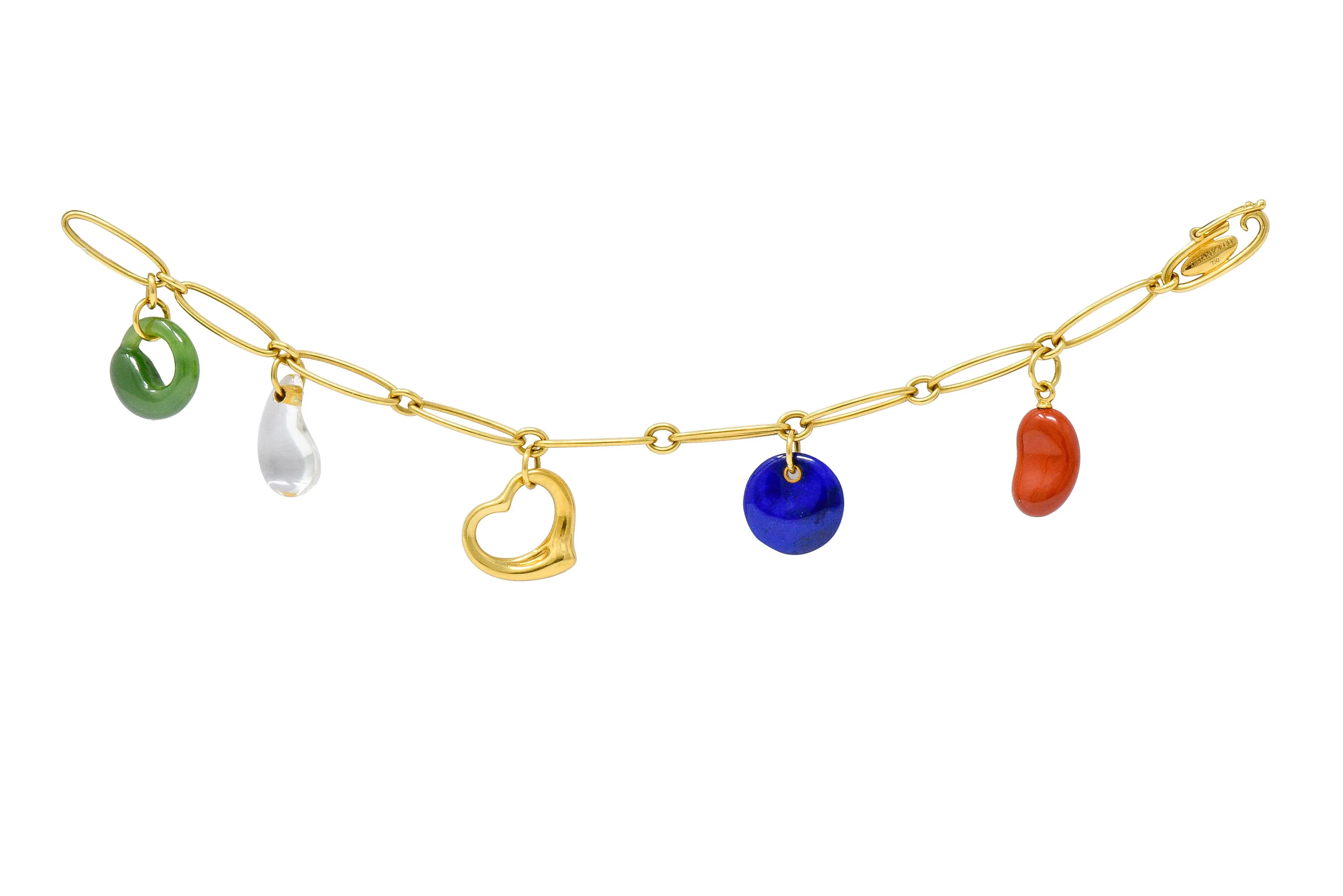 Elsa Peretti Tiffany & Co. 18 Karat Gold Five Charm Jade Lapis Crystal Icon Bracelet