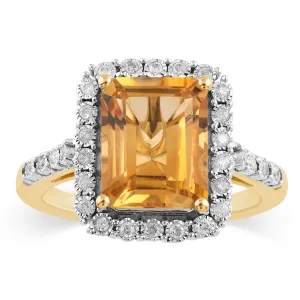 Emerald Cut Citrine Ring with 0.15ct of Diamonds in 9ct Yellow Gold
