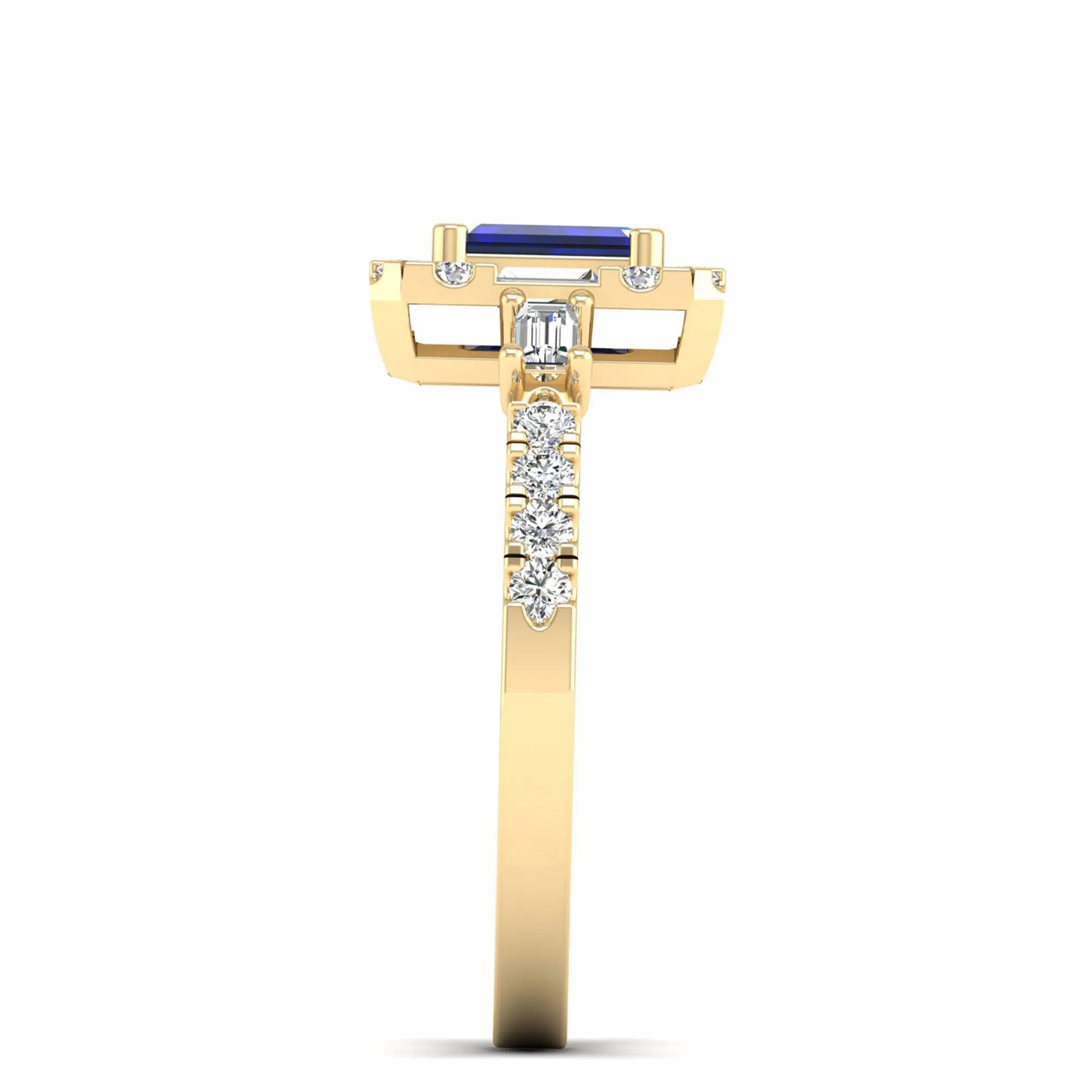 Emerald Cut Sapphire with Round and Baguette Diamond Ring