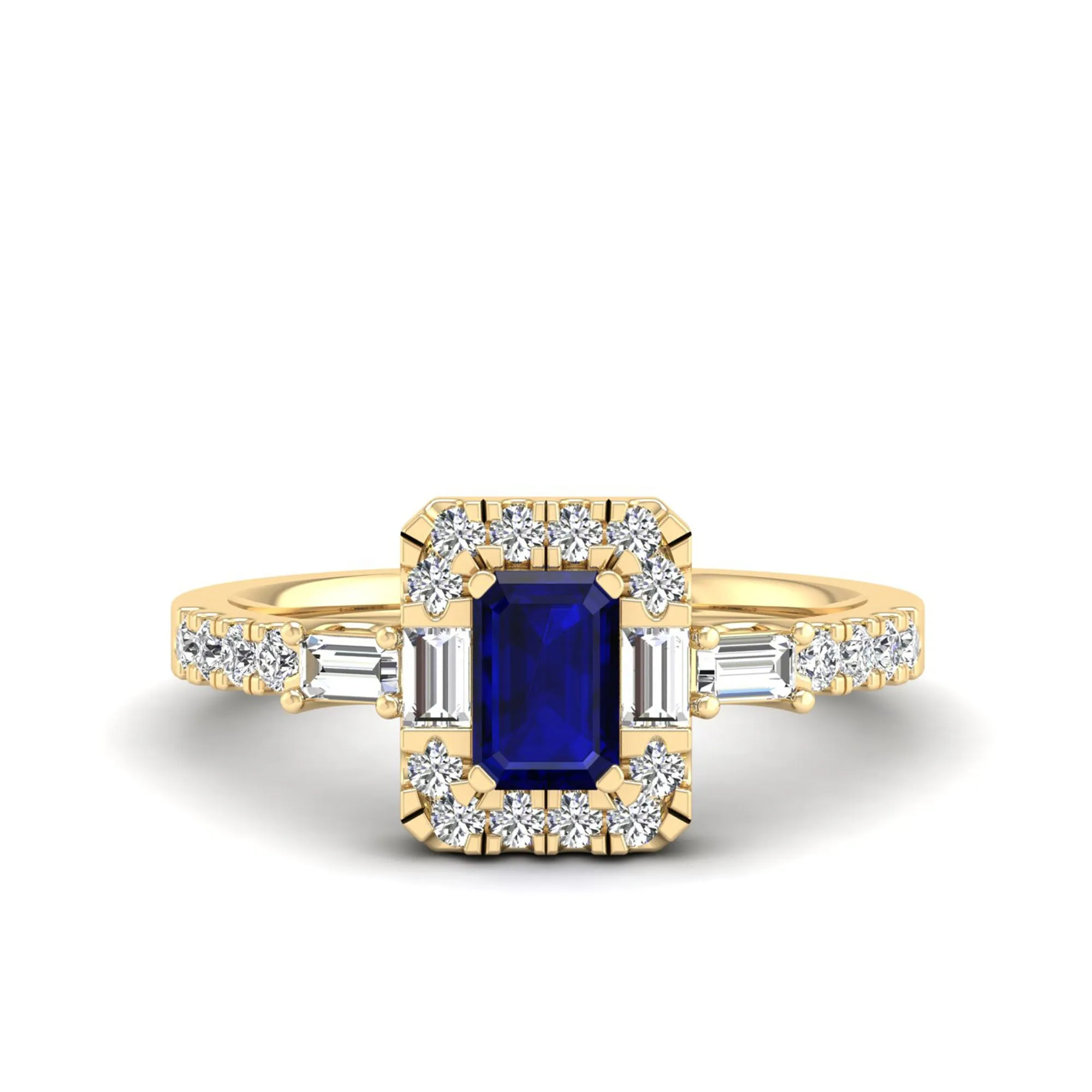Emerald Cut Sapphire with Round and Baguette Diamond Ring