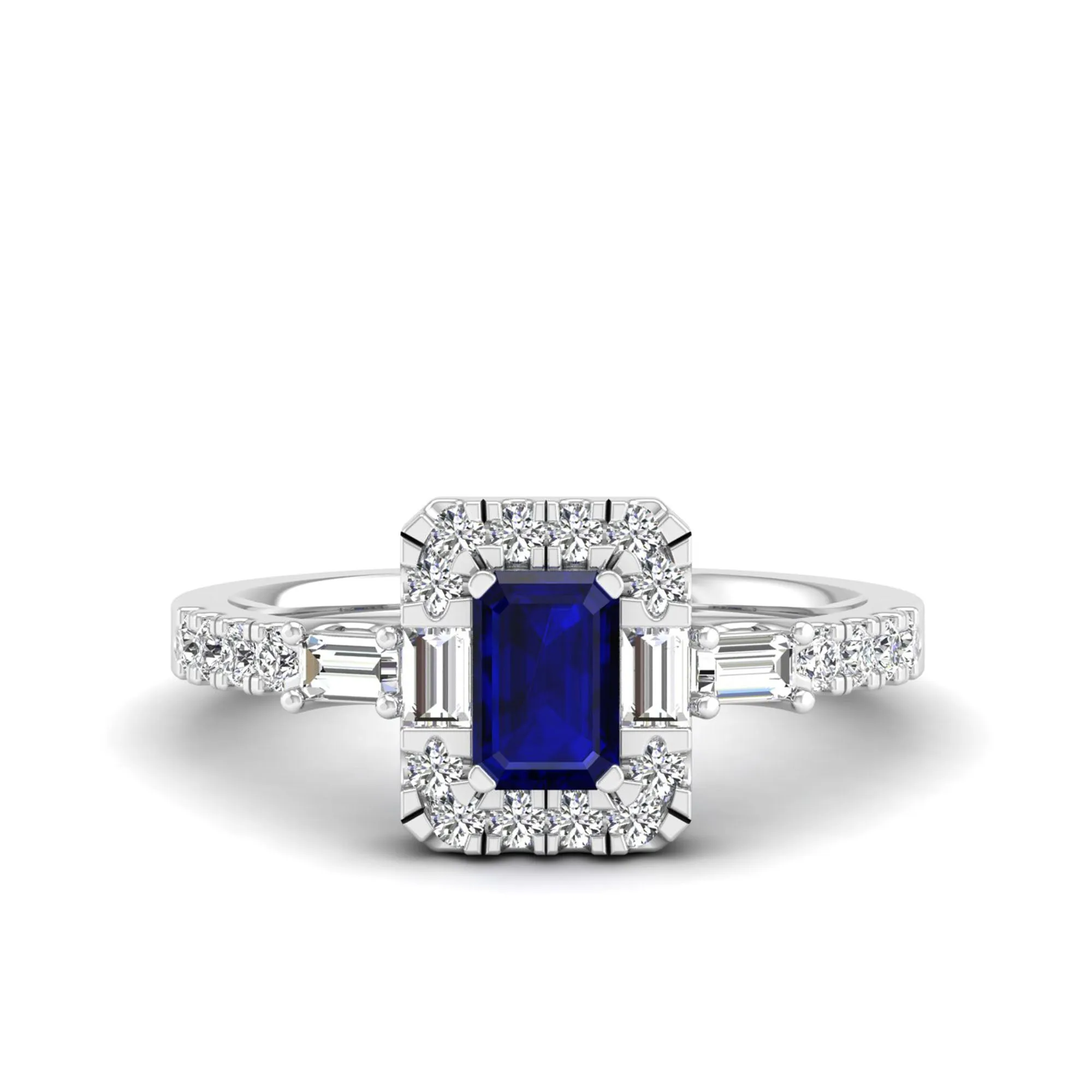 Emerald Cut Sapphire with Round and Baguette Diamond Ring